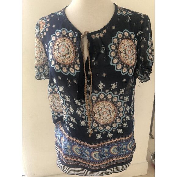 Tantrums Womens Blouse Multicolor Short Sleeve  Boho Size M - Picture 2 of 7